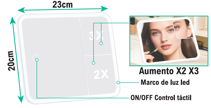 Espejo para maquillaje LED 3 luces
