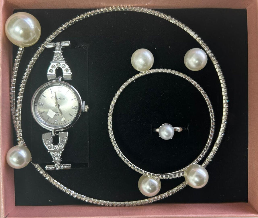 Conjunto joyas plateado con perlas