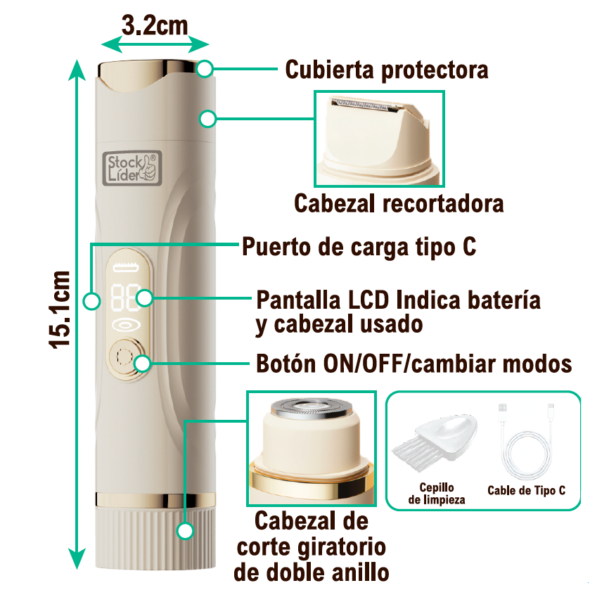 Depiladora doble cabezal recargable IPX7