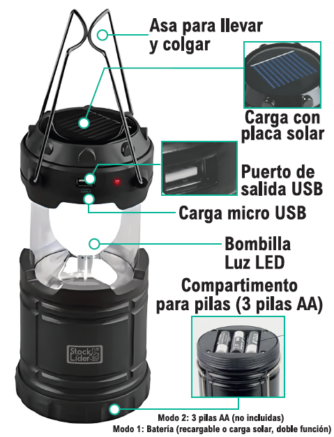 Lámpara camping solar y pilas portátil