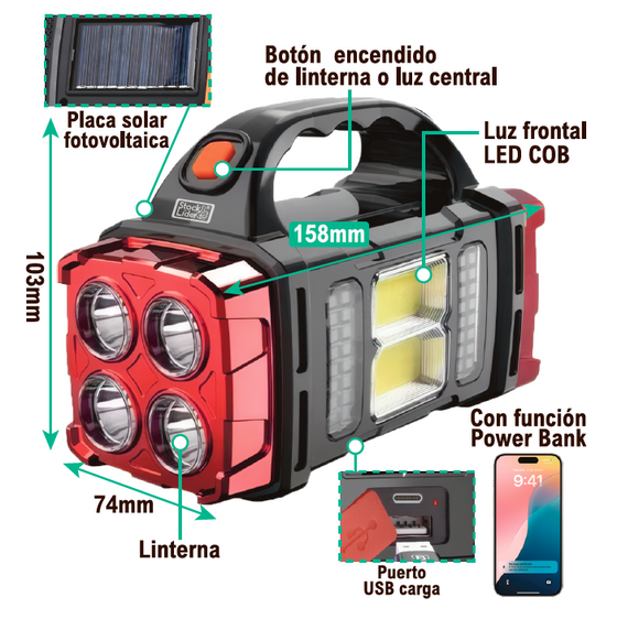 Lámpara solar recargable portátil 4 modos