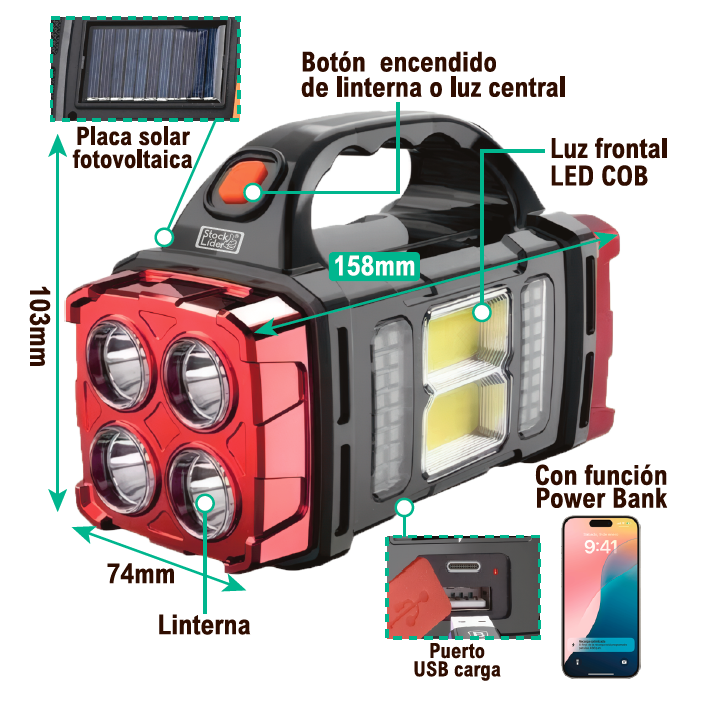Lámpara solar recargable portátil 4 modos