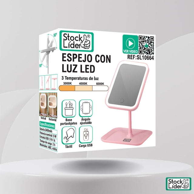 Espejo con luz LED recargable 3 tonos