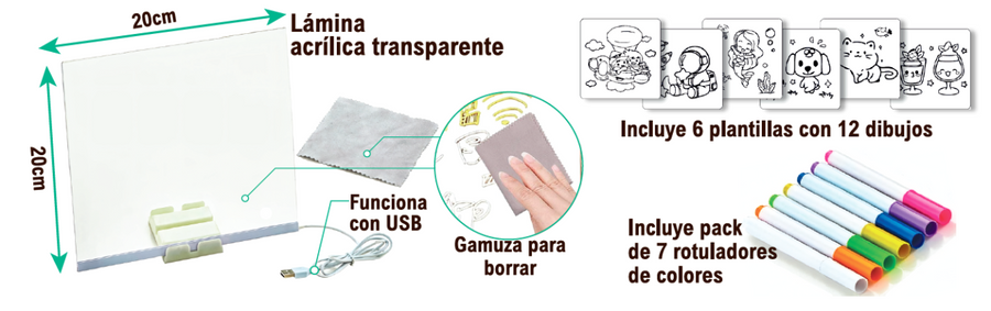 Pizarra con luz LED 20x20 para dibujar