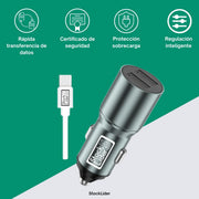 Cargador coche doble USB + cable Tipo C