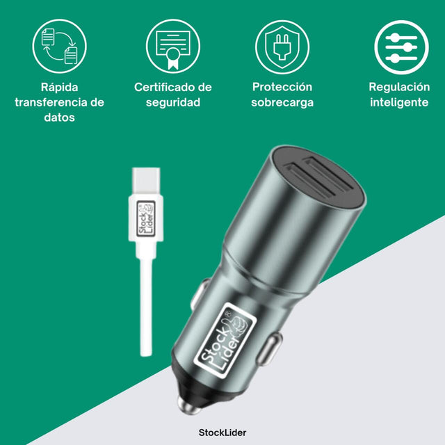 Cargador coche doble USB + cable Tipo C