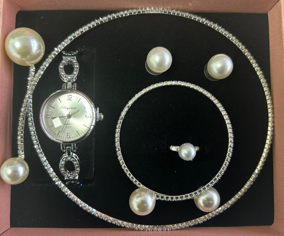 Conjunto joyas plateado con perlas