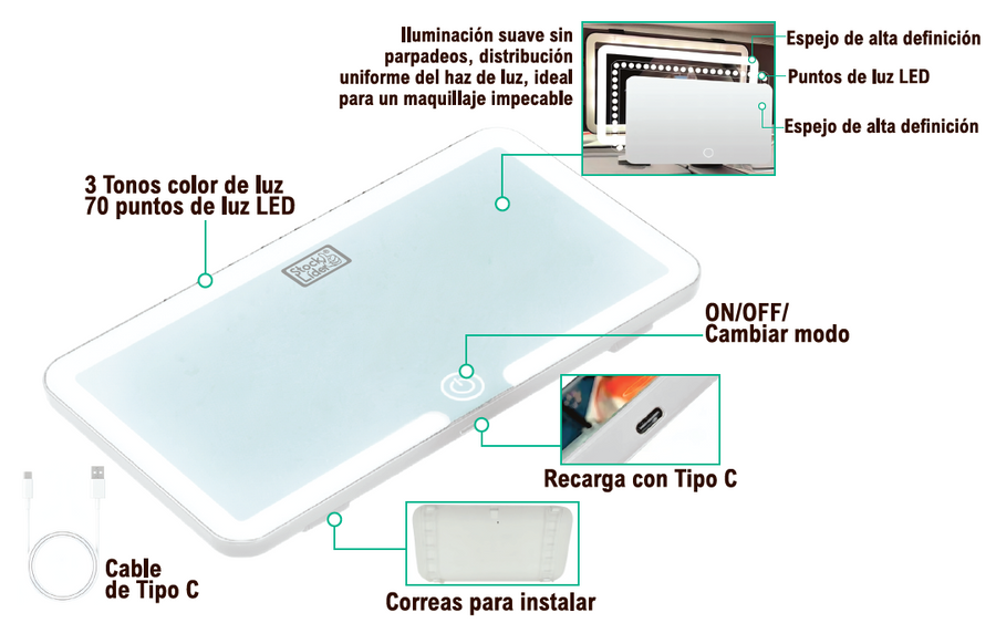 Espejo LED recargable coche y moto