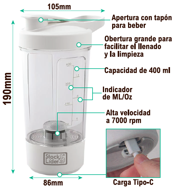 Vaso mezclador portátil USB-C 400 ml