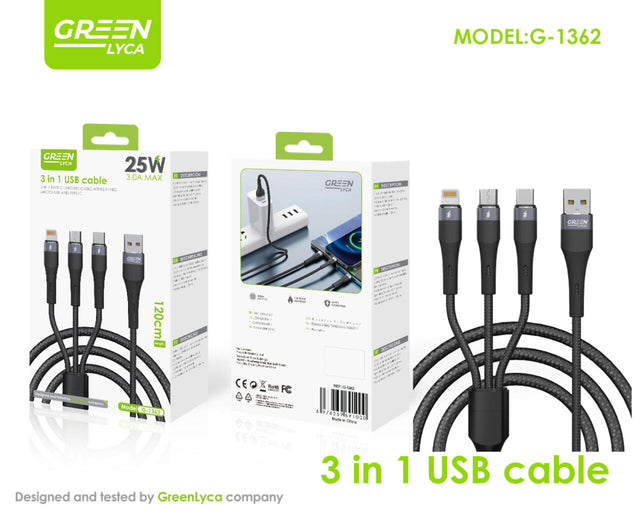 Cable 3 en 1 carga rápida Green Lyca