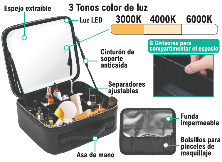 Maletín de maquillaje con espejo LED