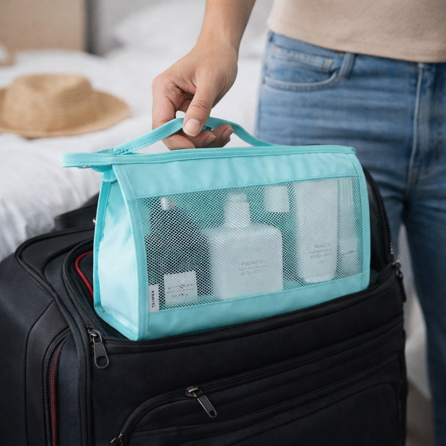 Neceser de viaje transparente y compacto