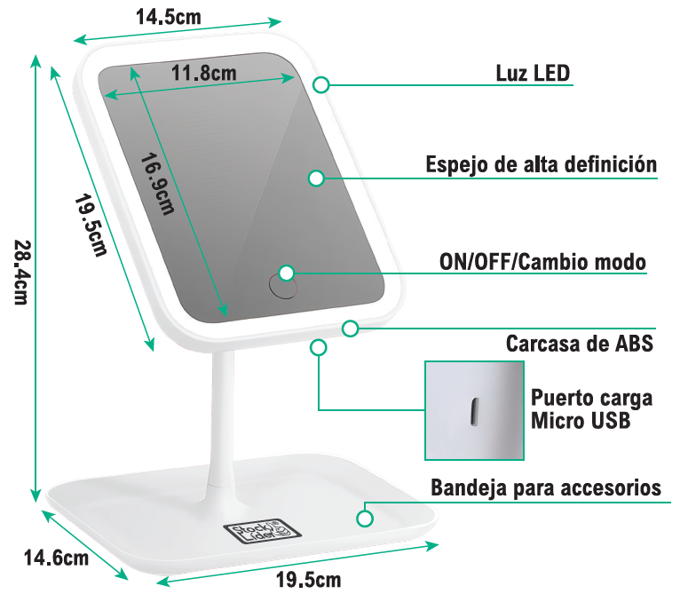 Espejo con luz LED recargable 3 tonos