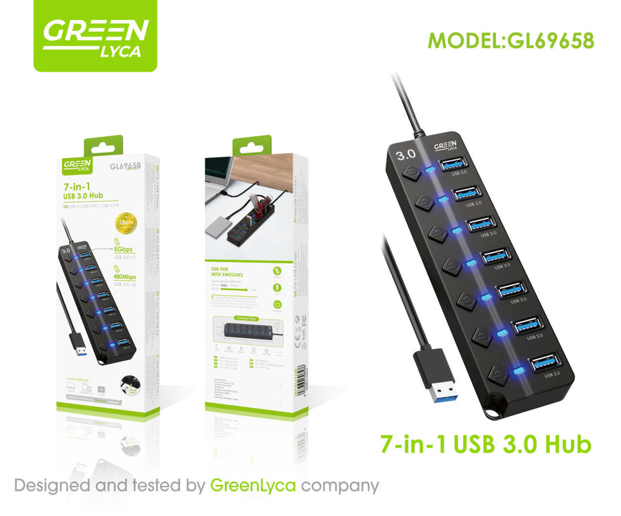 Hub USB 7 en 1 con interruptores ON/OFF