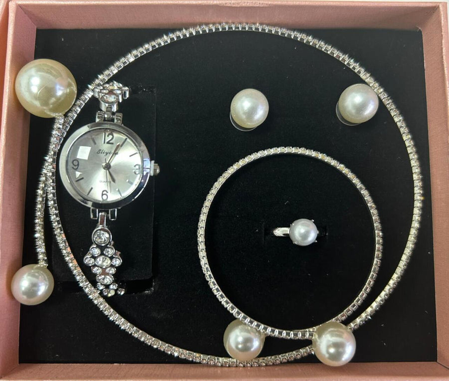 Conjunto joyas plateado con perlas