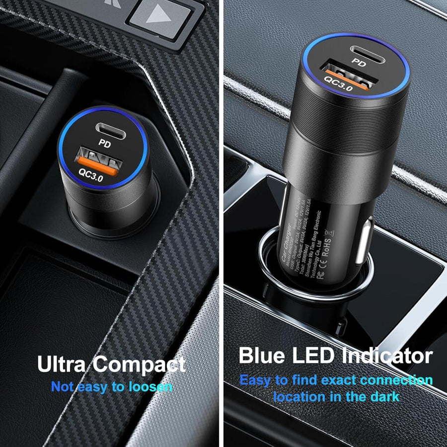 Cargador coche USB y USB-C carga rápida