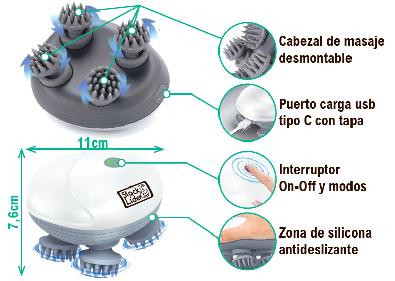Masajeador portátil cuero cabelludo USB-C