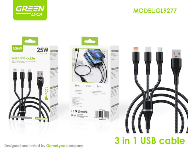 Cable USB 3 en 1 carga rápida 25W