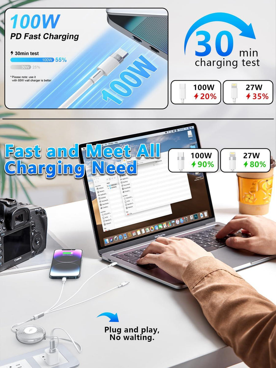 Cable 3 en 1 retráctil 100W USB-C