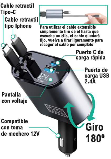 Cargador para coche 120W retráctil