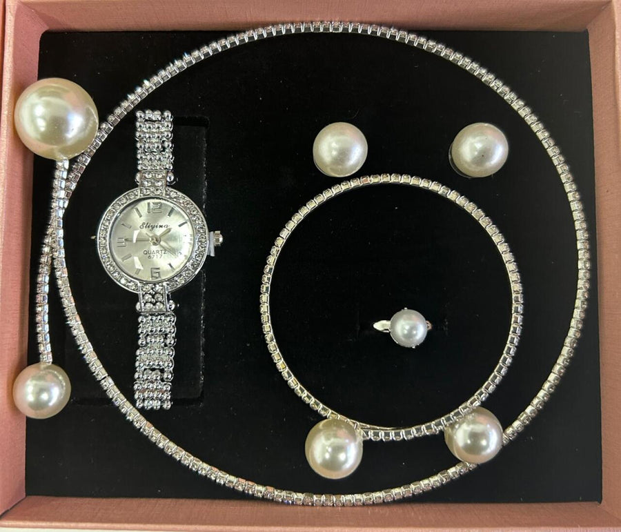 Conjunto joyas plateado con perlas