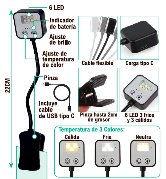 lámpara lectura clip led recargable