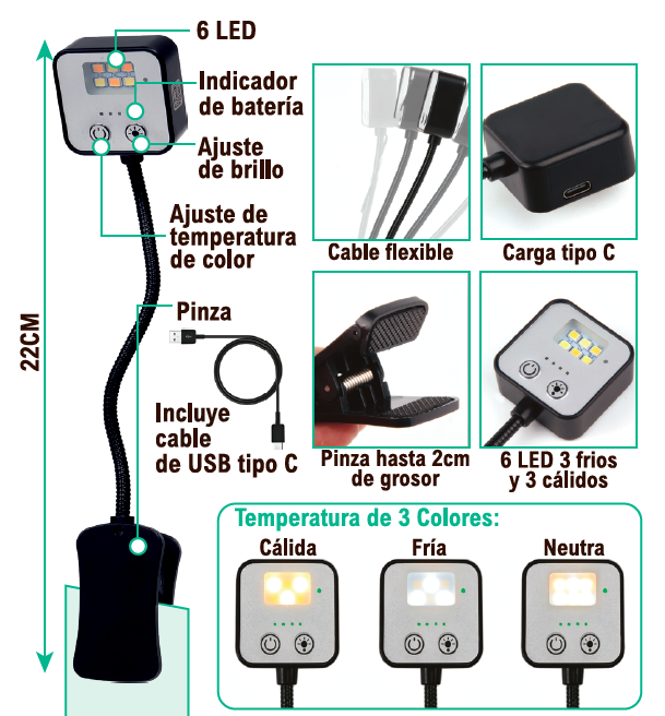 lámpara lectura clip led recargable