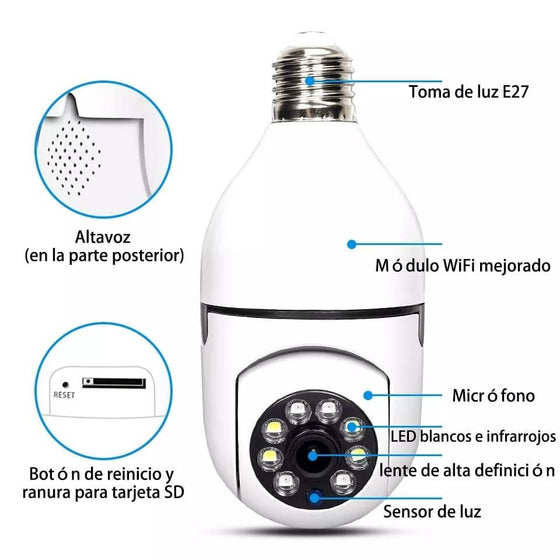 Cámara wifi bombilla 360° con app