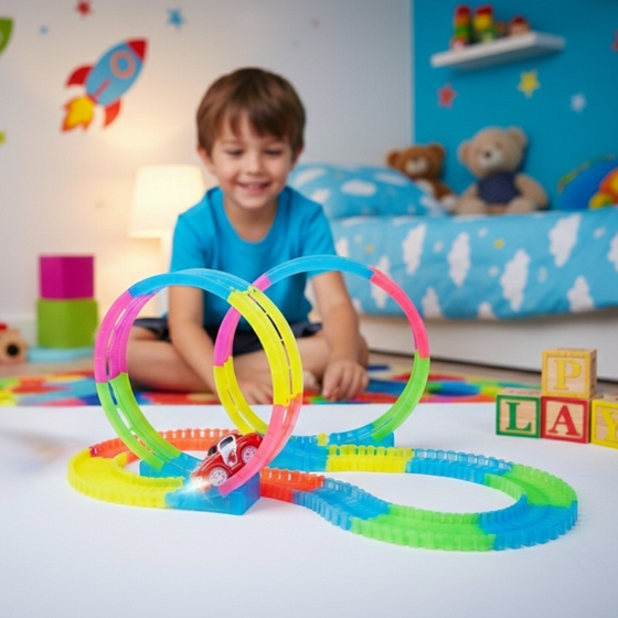 Pista de carreras flexible glow para niños