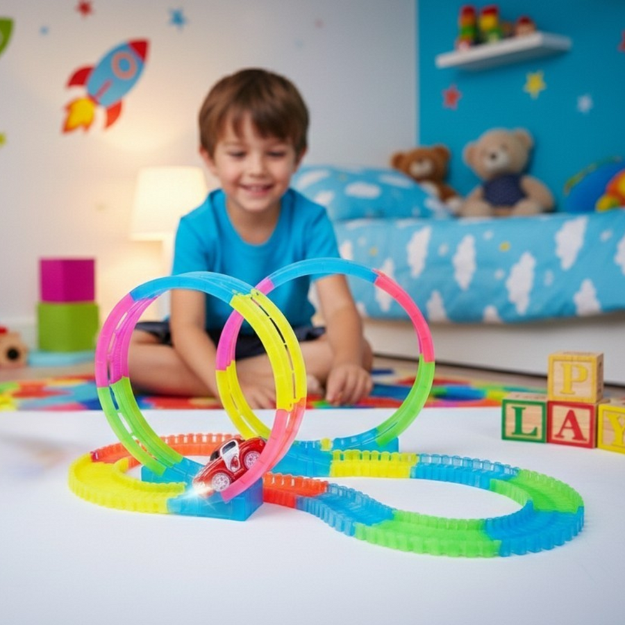 Pista de carreras flexible glow para niños