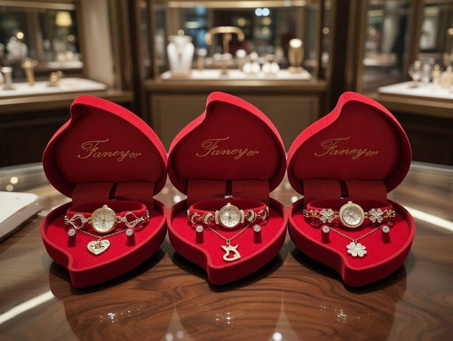 Conjunto de joyas dorado con joyero corazón