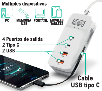 Regleta de carga USB 4+1 compacta 60W
