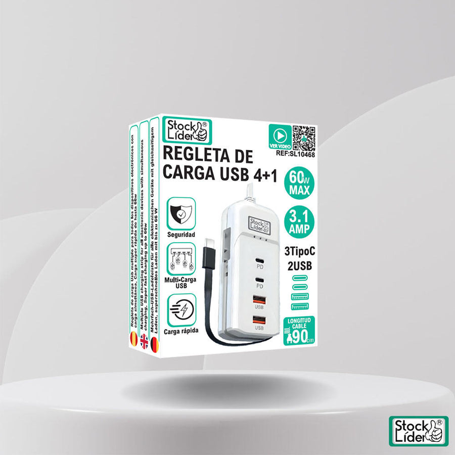 Regleta de carga USB 4+1 compacta 60W
